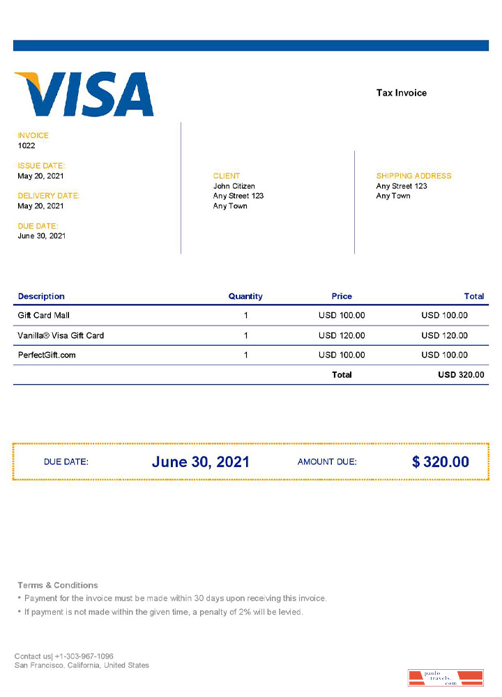 USA Visa invoice template PSD template